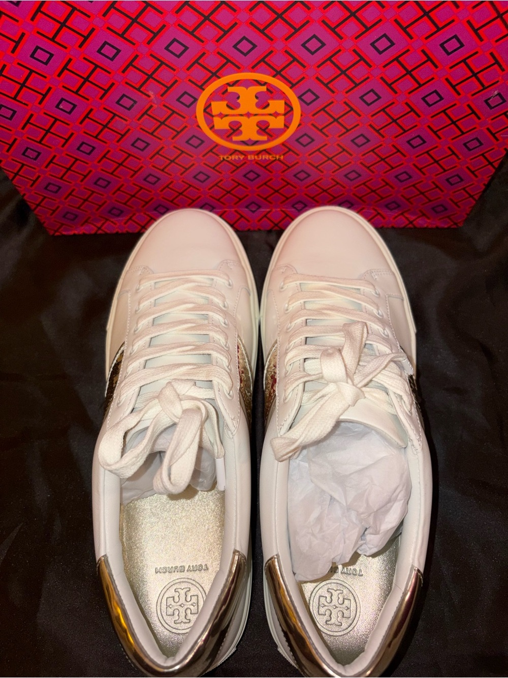 Tory Burch White Sneakers with Gold Sequin Stripe - Picture 3 of 5
